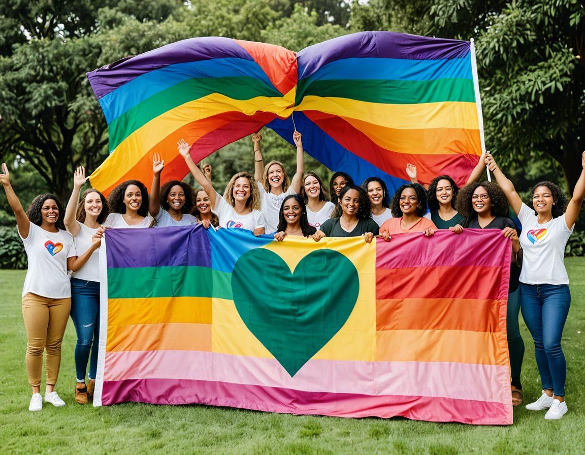 A diverse group of women holding a large rainbow flag, standing together in solidarity with warm smiles and open arms. The background features a serene park with lush greenery and bright flowers, symbolizing growth and unity. An overlay of subtle heart symbols and supportive messages enhancing the theme of advocacy and support. super-realistic. vibrant colors. white background.