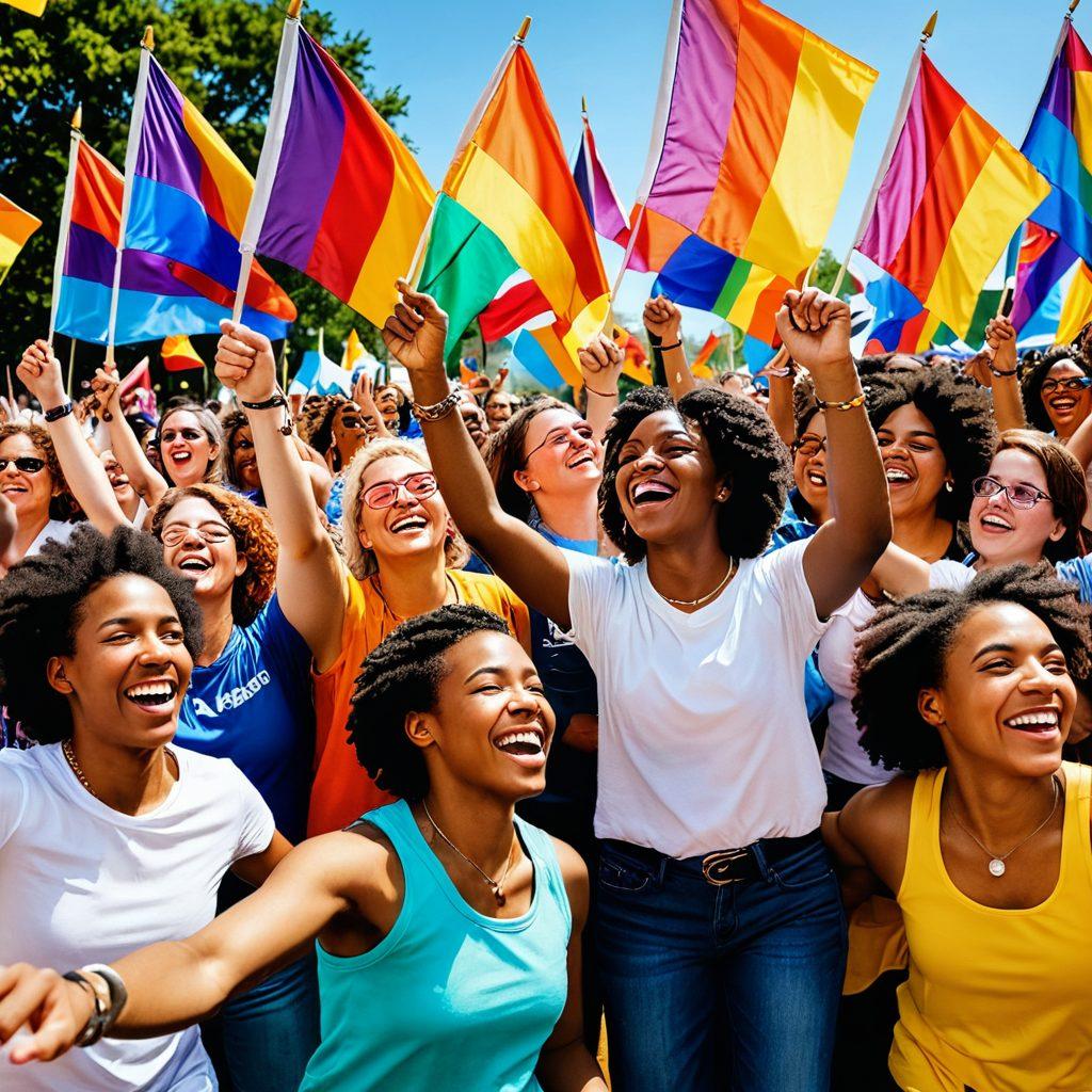 A vibrant, heartwarming scene of diverse lesbian couples and individuals celebrating together at a colorful outdoor festival. Banners and flags with advocacy messages and symbols surround the gathering. Include a central focal point of a speaker passionately advocating for rights, framed by a backdrop of cultural elements like music and dance. Vibrant colors. Inclusive representation. super-realistic.