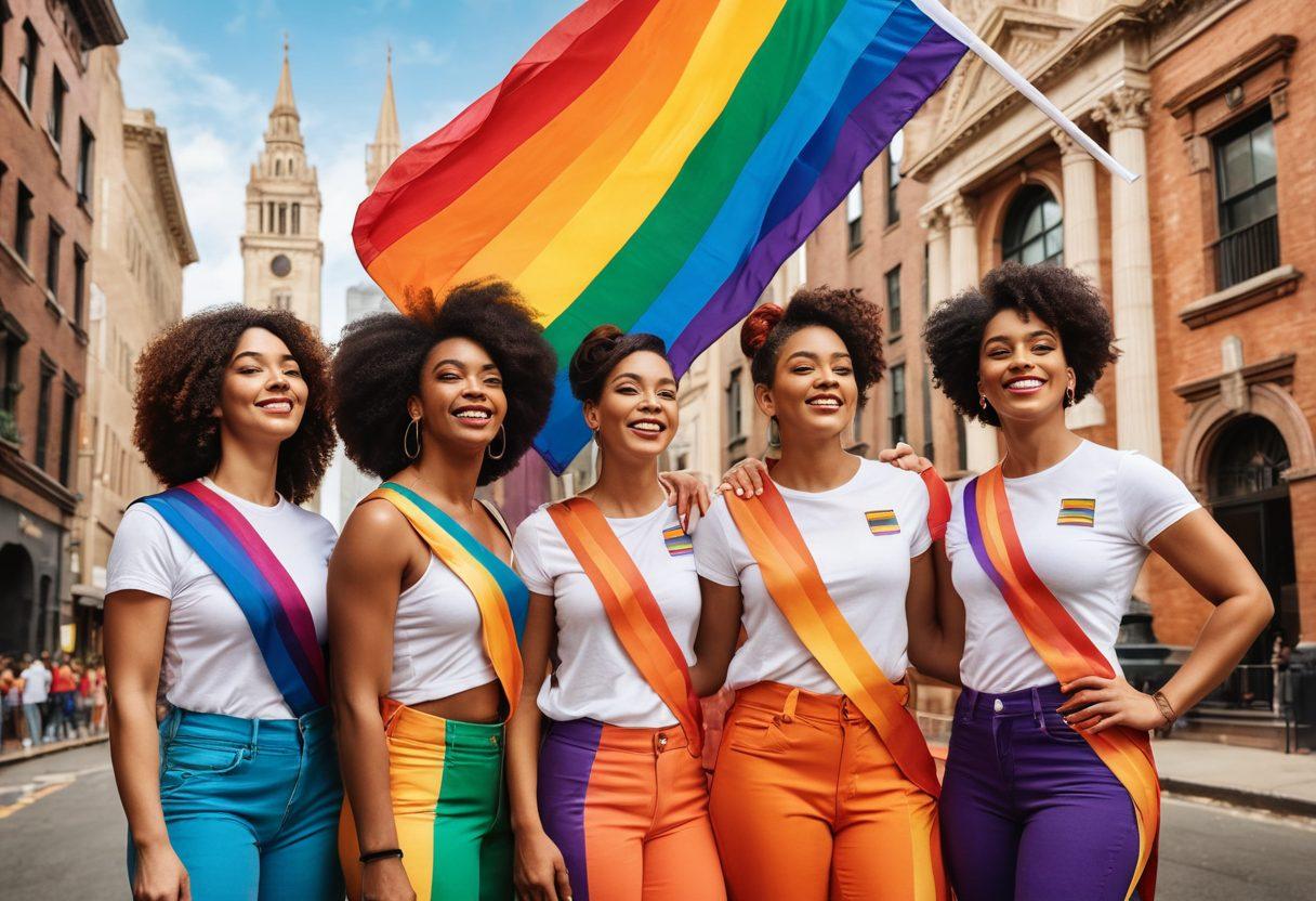 A diverse group of women confidently holding a rainbow pride flag, surrounded by historical landmarks and futuristic elements, symbolizing the journey from past struggles to future triumphs within the LGBTQIA+ community. Diverse emotions, attire spanning decades, and radiant smiles highlighting pride and unity. vector art. vibrant colors.
